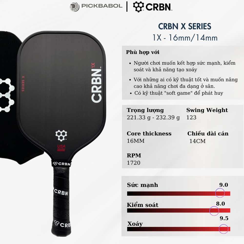 Vợt Pickleball CRBN ¹ X Series (Elongated Paddle) - 16MM