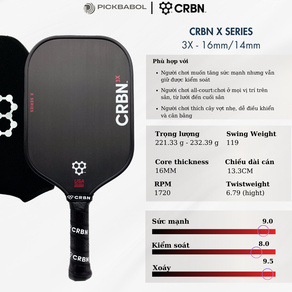 Vợt Pickleball CRBN³ X Series (Hybrid Paddle) - 16MM