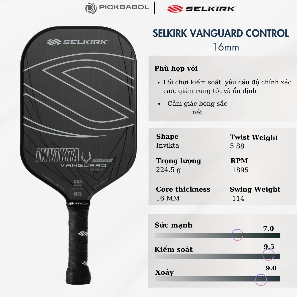 Vợt Pickleball Selkirk VANGUARD Control Invikta - Raw Carbon