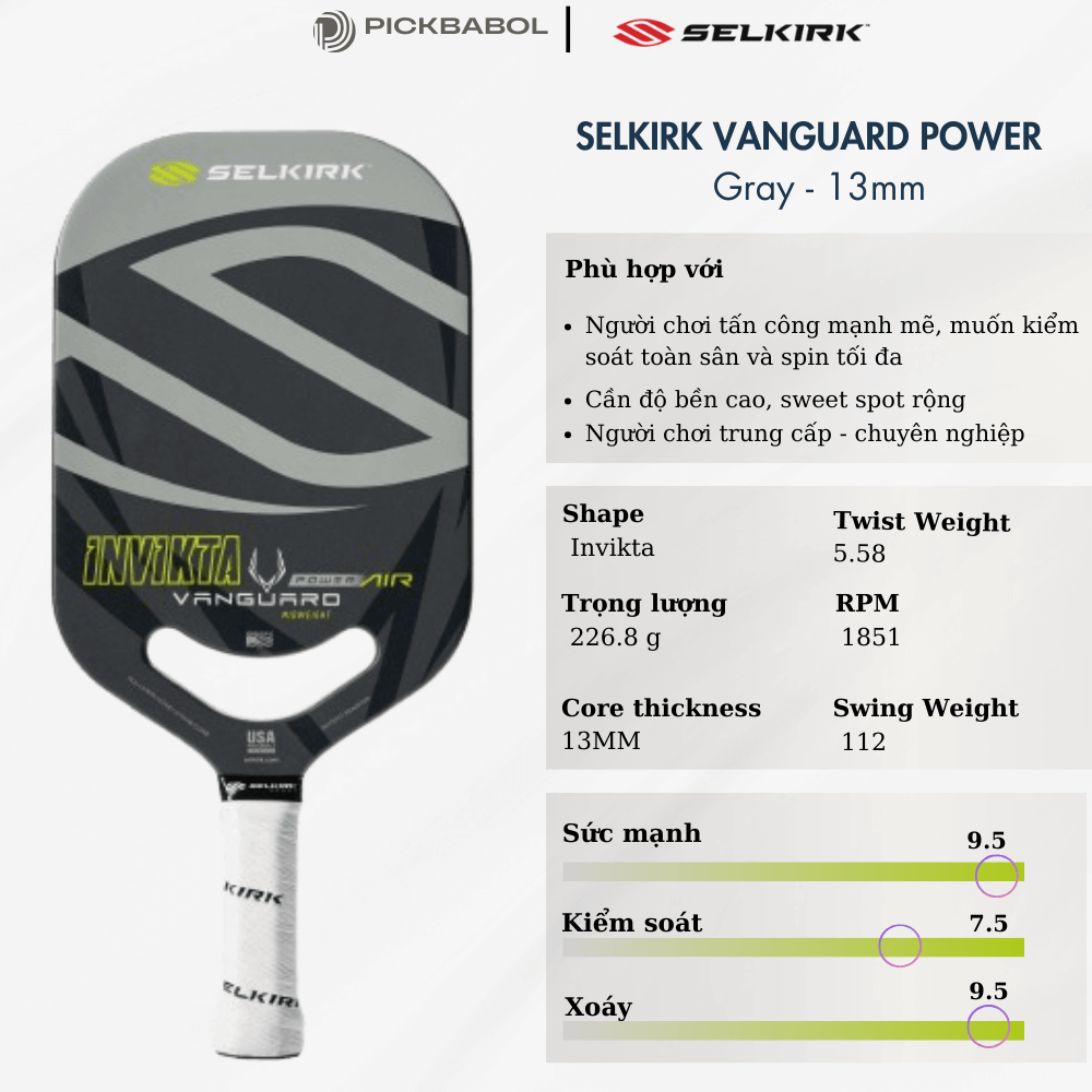 Vợt Pickleball Selkirk VANGUARD Power Air Invikta - Shadow Gray