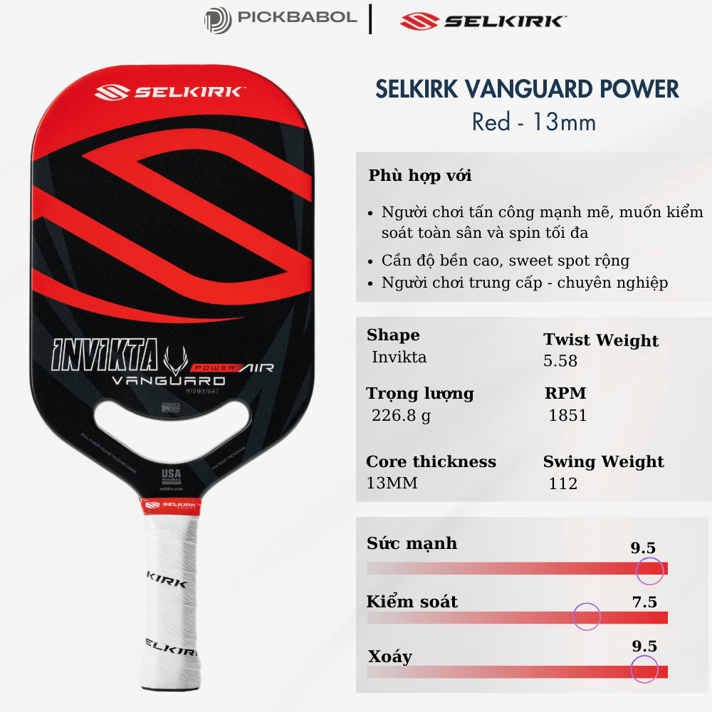 Vợt Pickleball Selkirk VANGUARD Power Air Invikta - Selkirk RED
