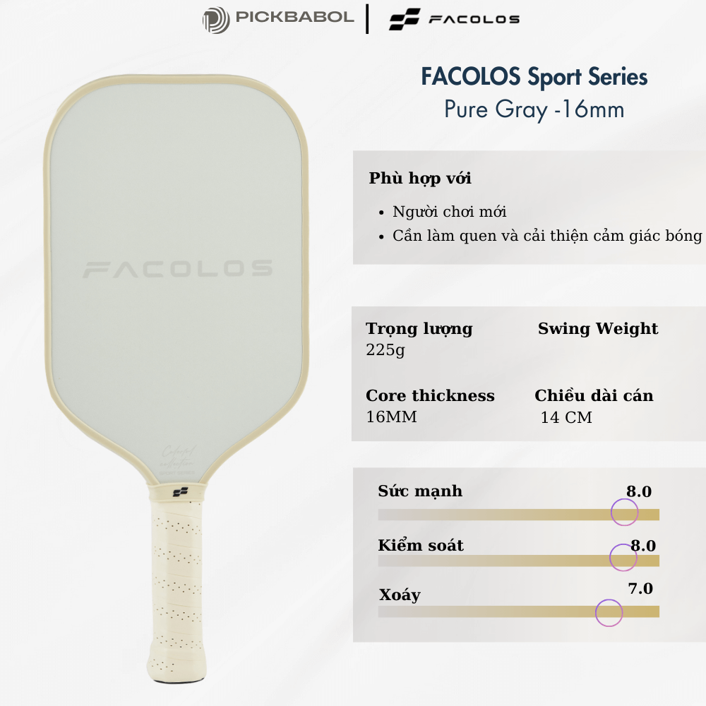 Vợt Pickleball FACOLOS Sport Series 16MM - Pure Gray