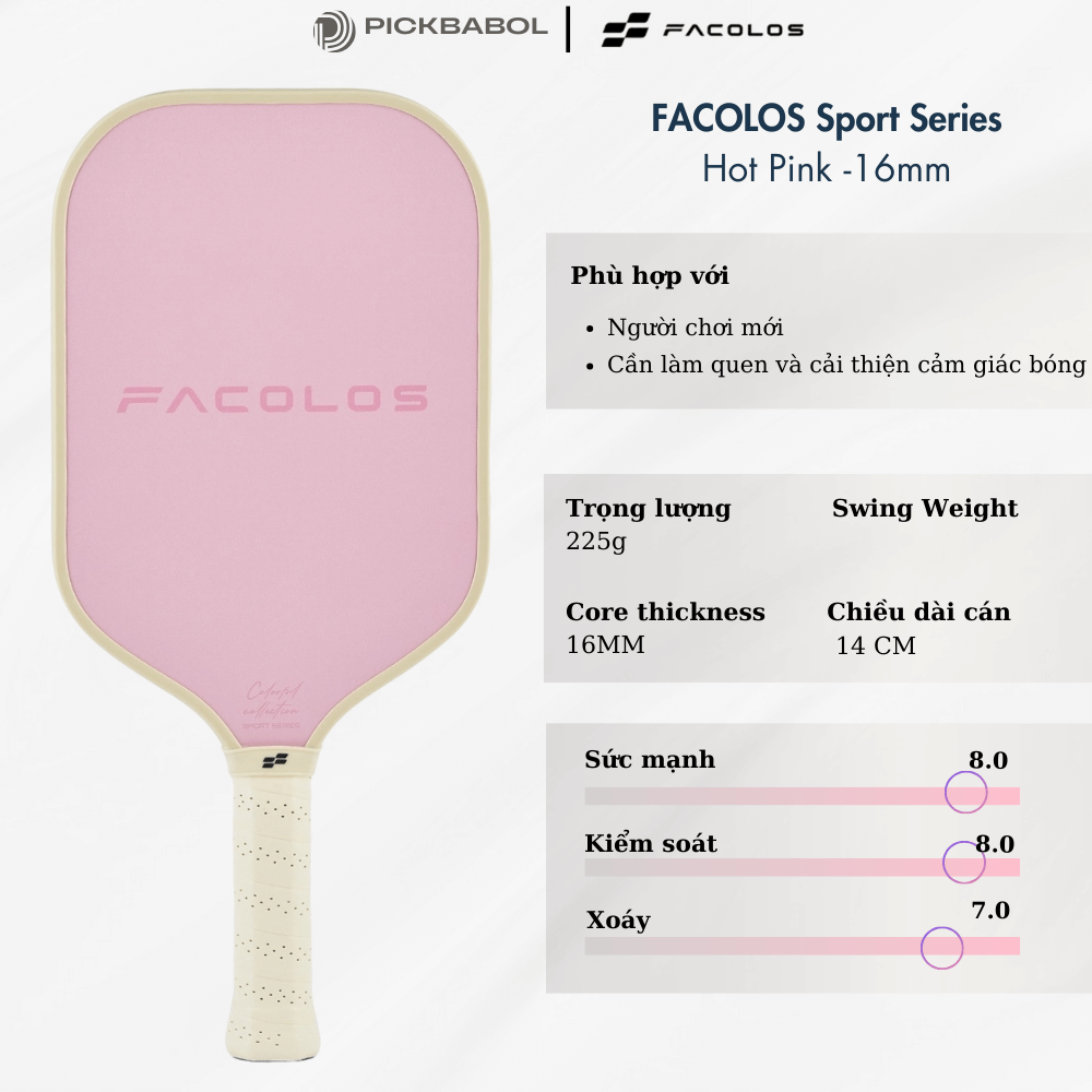 Vợt Pickleball FACOLOS Sport Series 16MM - Hot Pink
