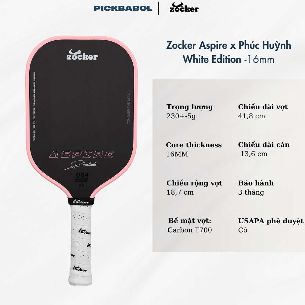 62 Vợt Pickleball Zocker Aspire x Phúc Huỳnh White Edition