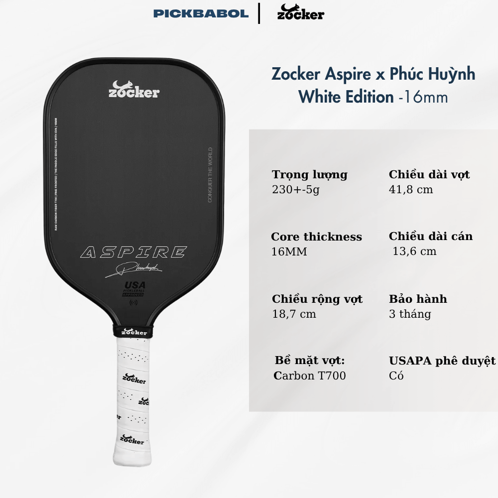 Vợt Pickleball Zocker Aspire x Phúc Huỳnh White Edition - ĐEN