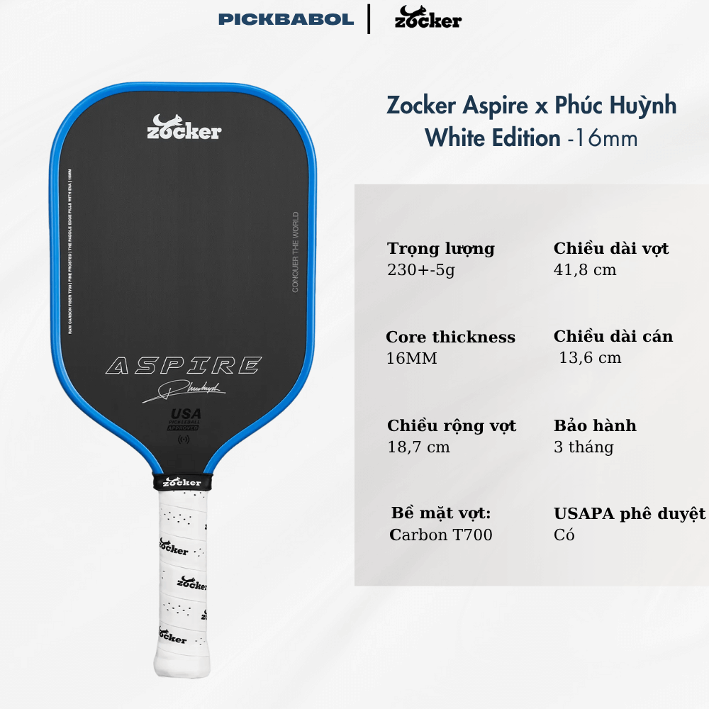 Vợt Pickleball Zocker Aspire x Phúc Huỳnh White Edition