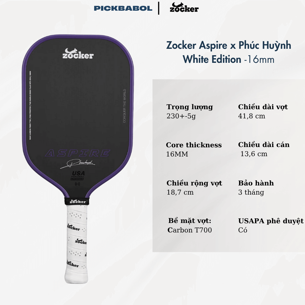 Vợt Pickleball Zocker Aspire x Phúc Huỳnh White Edition - ĐỎ