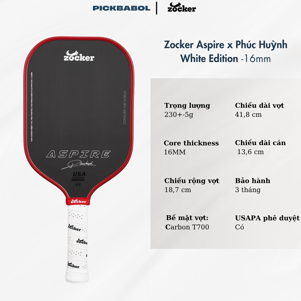 66 Vợt Pickleball Zocker Aspire x Phúc Huỳnh White Edition - HỒNG
