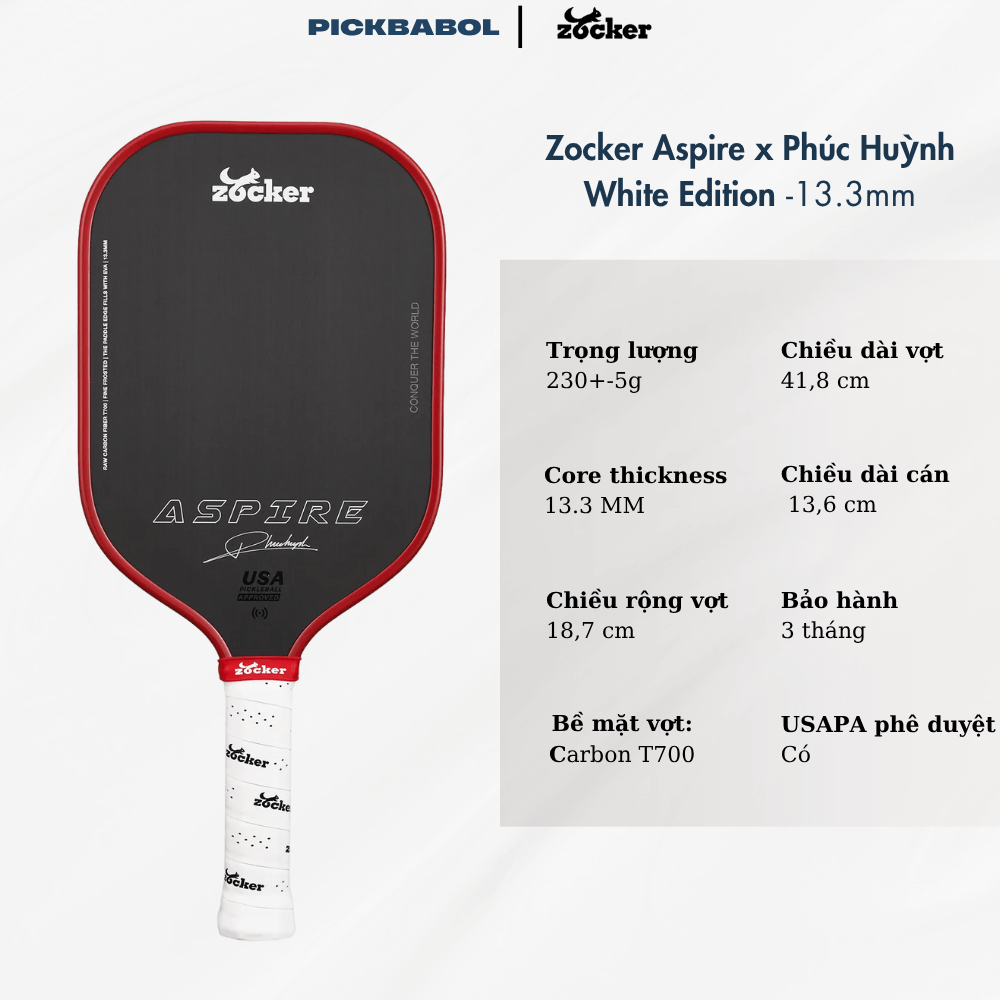 67 Vợt Pickleball Zocker Aspire x Phúc Huỳnh White Edition