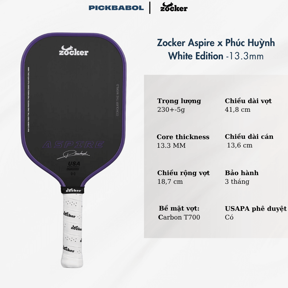 Vợt Pickleball Zocker Aspire x Phúc Huỳnh White Edition - ĐỎ