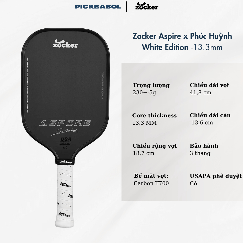 Vợt Pickleball Zocker Aspire x Phúc Huỳnh White Edition