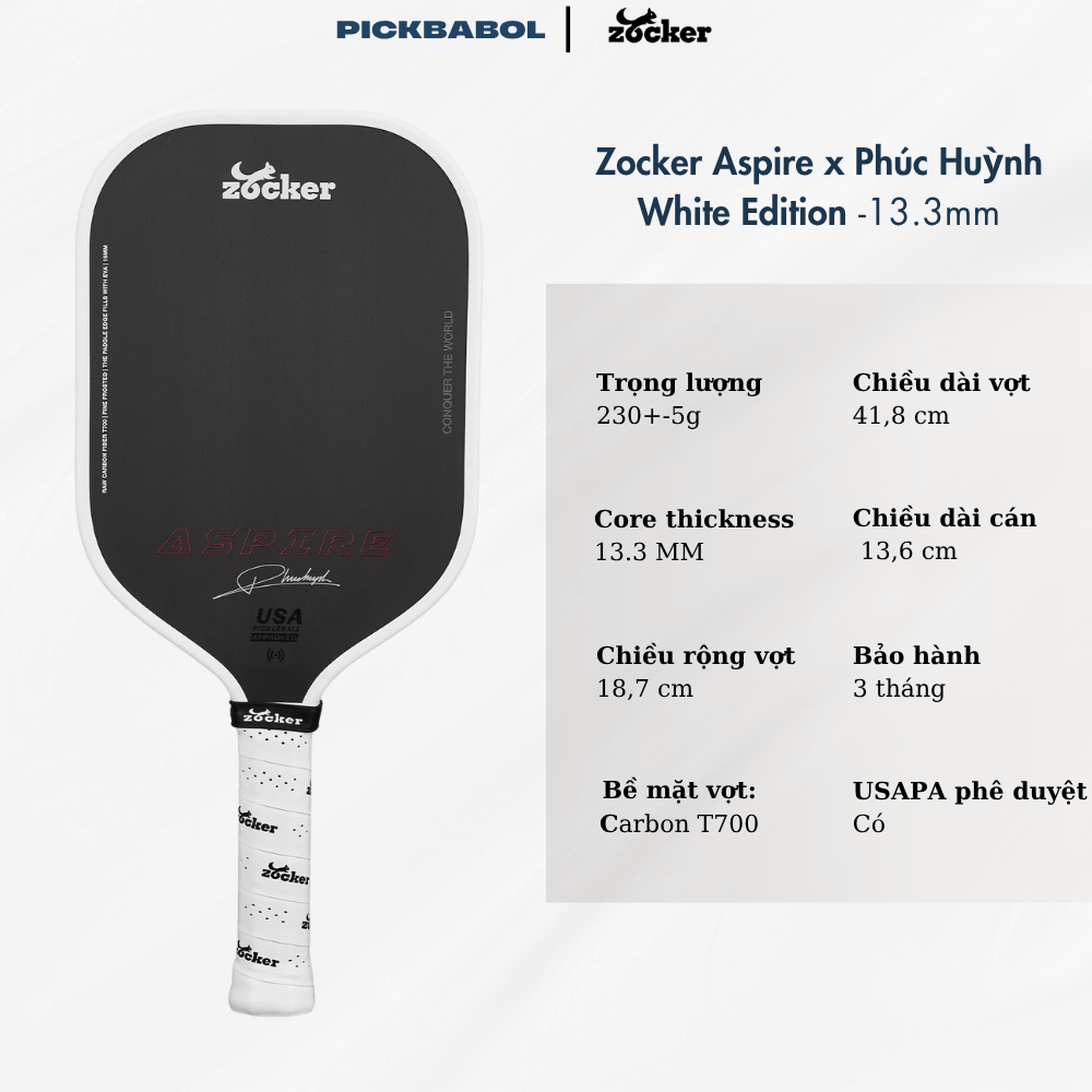 Vợt Pickleball Zocker Aspire x Phúc Huỳnh White Edition