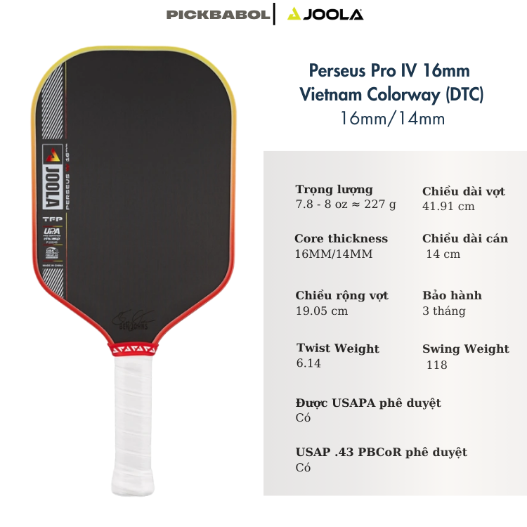Vợt Pickleball Joola Perseus Pro IV 14mm - Vietnam Colorway (DTC)